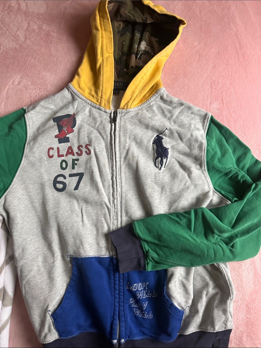 Polo by Ralph Lauren Gray Zip Hoodie with Green Sleeves and Yellow Hood
